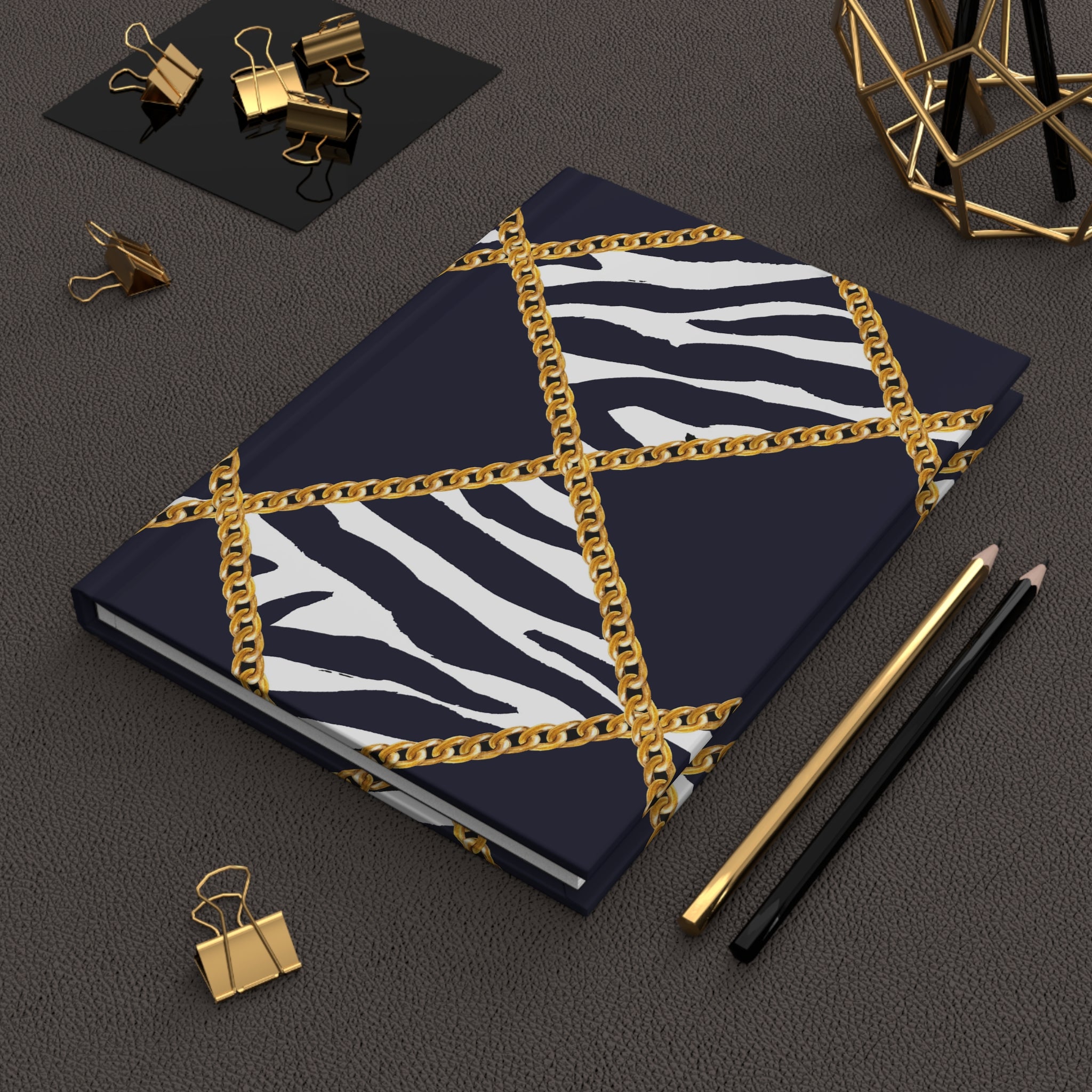 Zebra Chain Hardcover Journal — Lined Navy & Gold Fashion Notebook by Printify