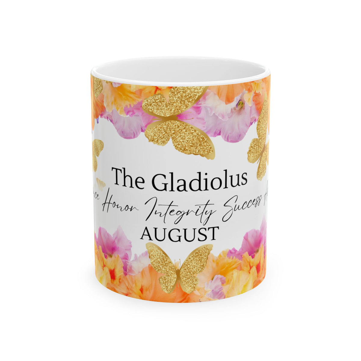 August Gladiolus Birth Month Mug — Floral Gold Butterflies, Honor Integrity Success by Printify