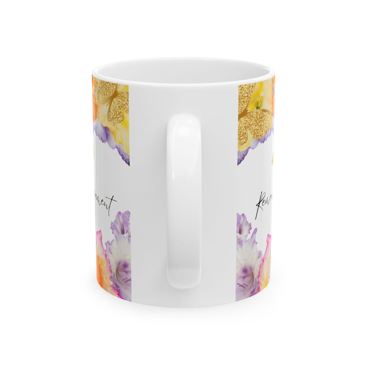 August Gladiolus Birth Month Mug — Floral Gold Butterflies, Honor Integrity Success by Printify
