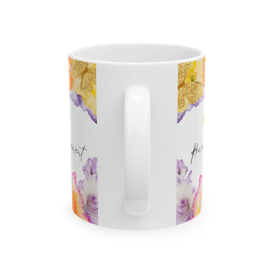 August Gladiolus Birth Month Mug — Floral Gold Butterflies, Honor Integrity Success by Printify