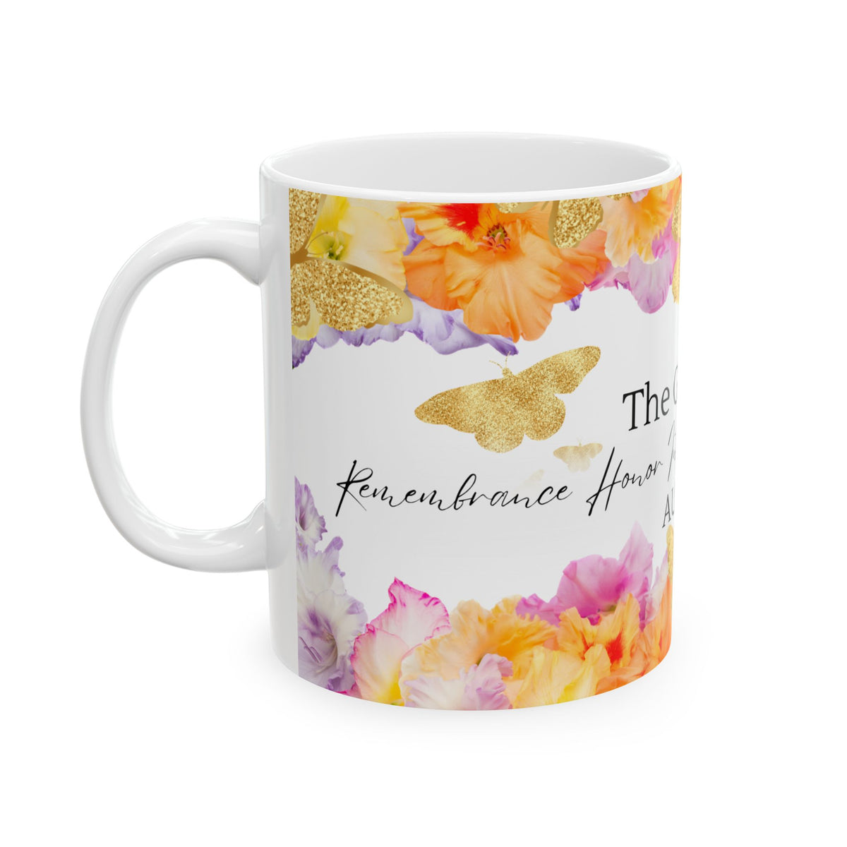 August Gladiolus Birth Month Mug — Floral Gold Butterflies, Honor Integrity Success by Printify