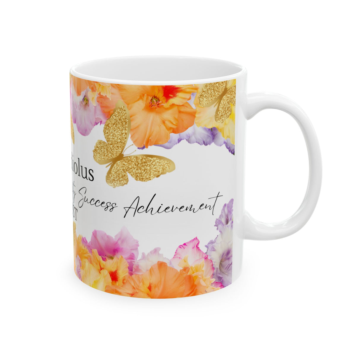 August Gladiolus Birth Month Mug — Floral Gold Butterflies, Honor Integrity Success by Printify