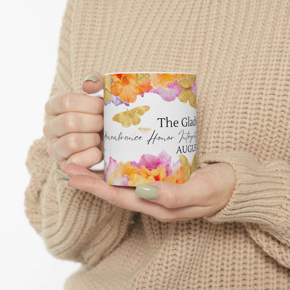 August Gladiolus Birth Month Mug — Floral Gold Butterflies, Honor Integrity Success by Printify
