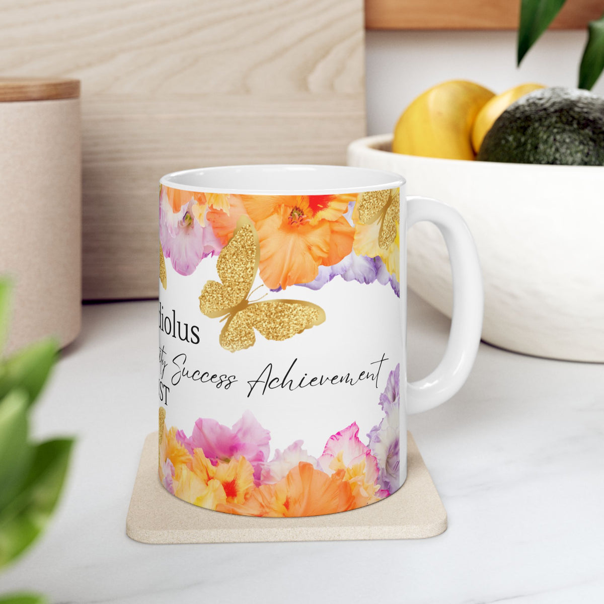 August Gladiolus Birth Month Mug — Floral Gold Butterflies, Honor Integrity Success by Printify
