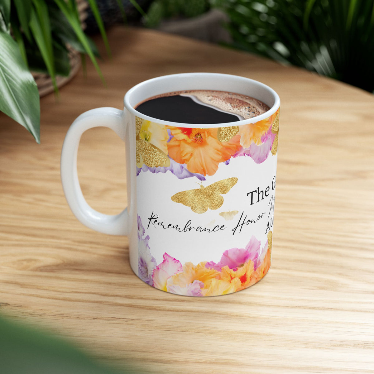 August Gladiolus Birth Month Mug — Floral Gold Butterflies, Honor Integrity Success by Printify