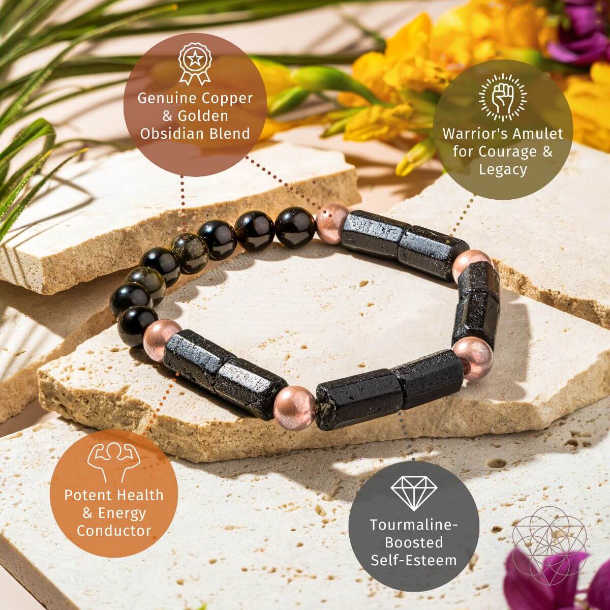 Bracelet with black and pink beads on a stone surface with flowers and text about its properties.