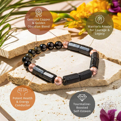 Bracelet with black and pink beads on a stone surface with flowers and text about its properties.