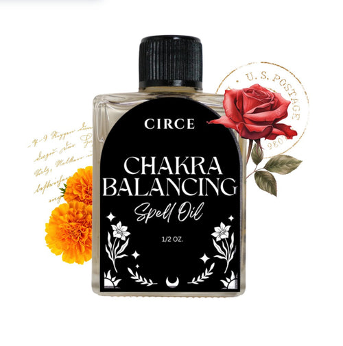 Circe Chakra Balancing Spell Oil bottle with decorative elements on a white background
