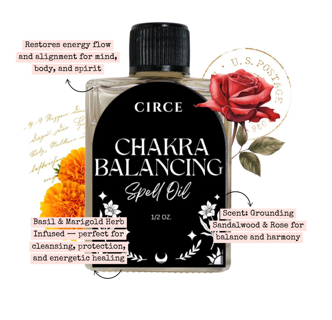 Circe Chakra Balancing Spell Oil bottle with decorative elements on a white background