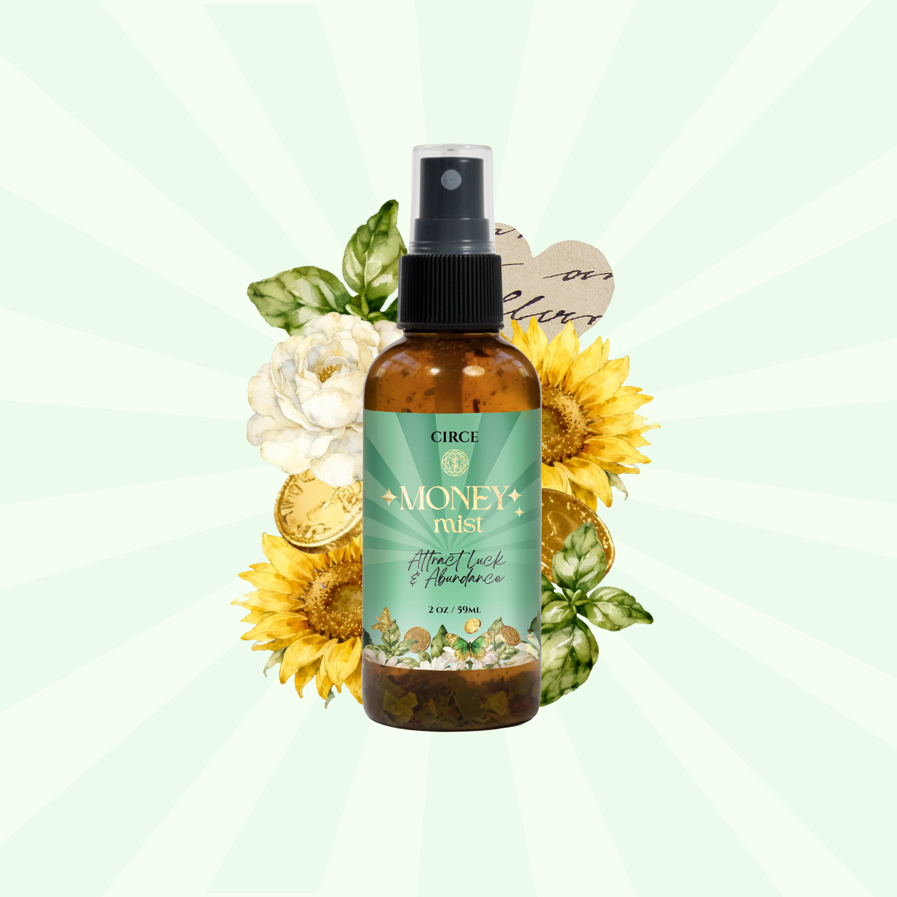 Bottle of Circe Money Mist surrounded by sunflowers and flowers on a light green background