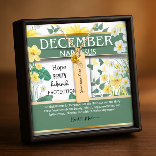 December Narcissus Birth Flower Vertical Bar Necklace with Turquoise by OwnPrint