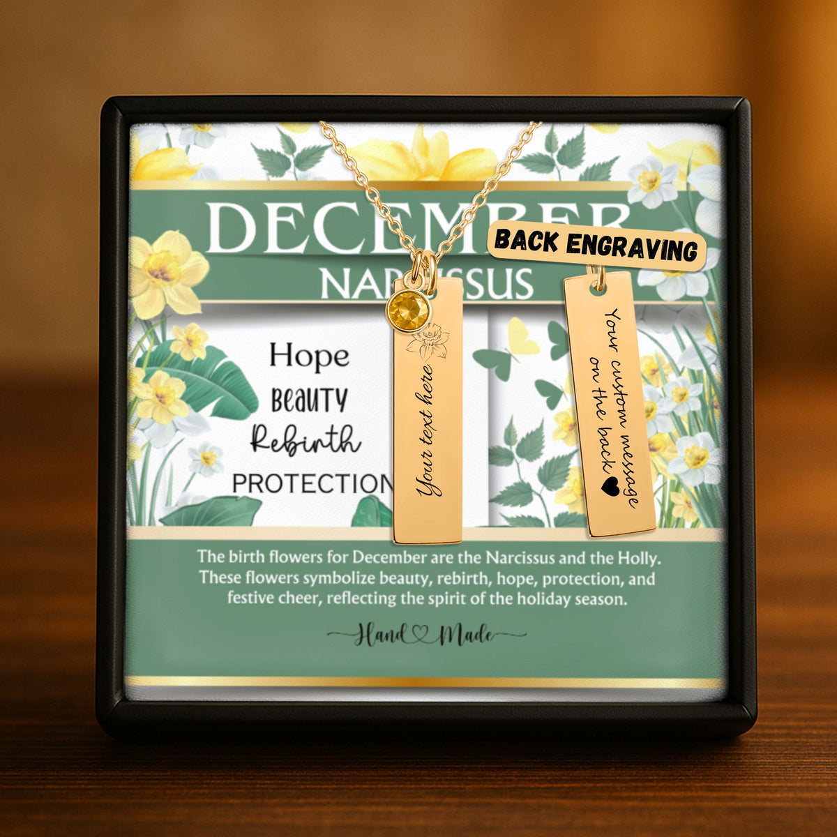 December Narcissus Birth Flower Vertical Bar Necklace with Turquoise by OwnPrint