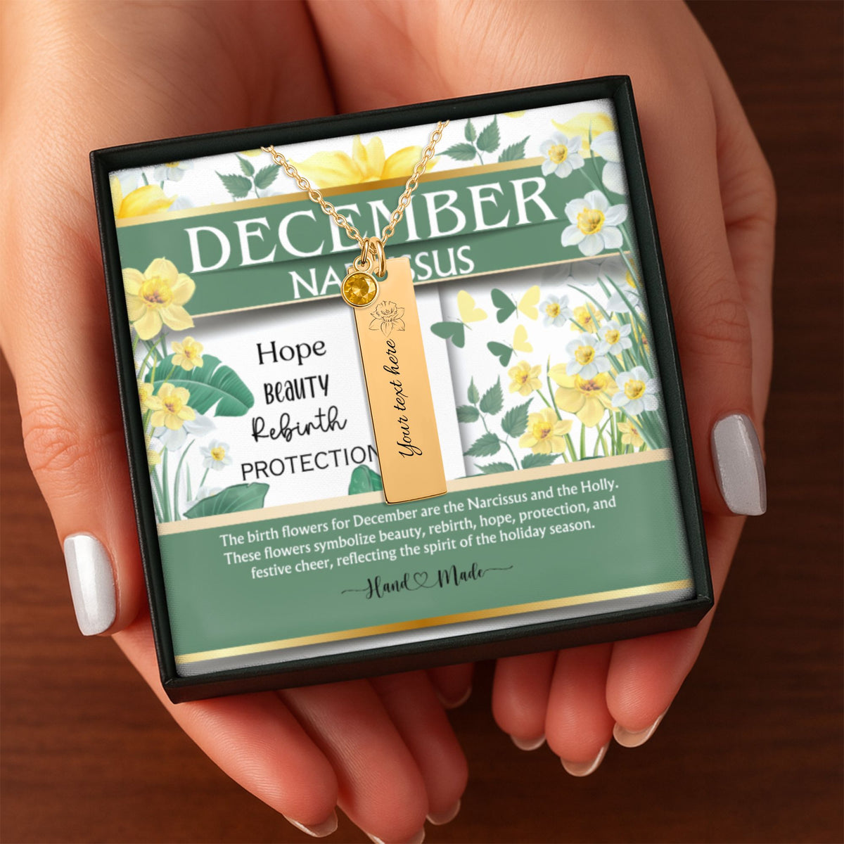 December Narcissus Birth Flower Vertical Bar Necklace with Turquoise by OwnPrint