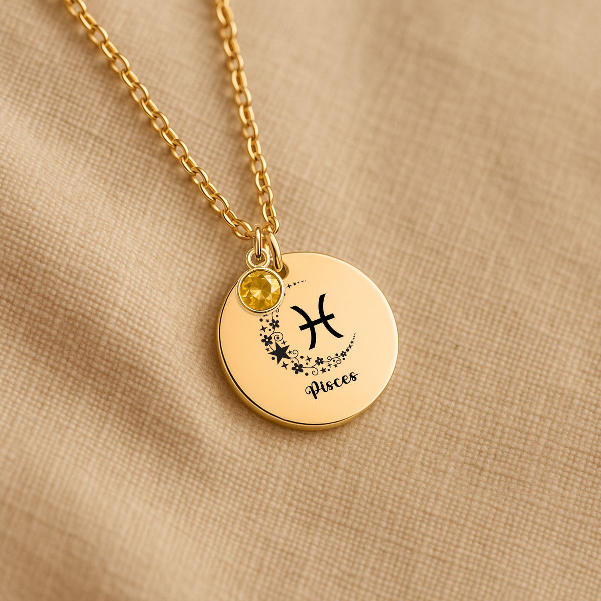Engraved Pisces Coin Necklace with Birthstone | Minimalist Zodiac Jewelry by OwnPrint