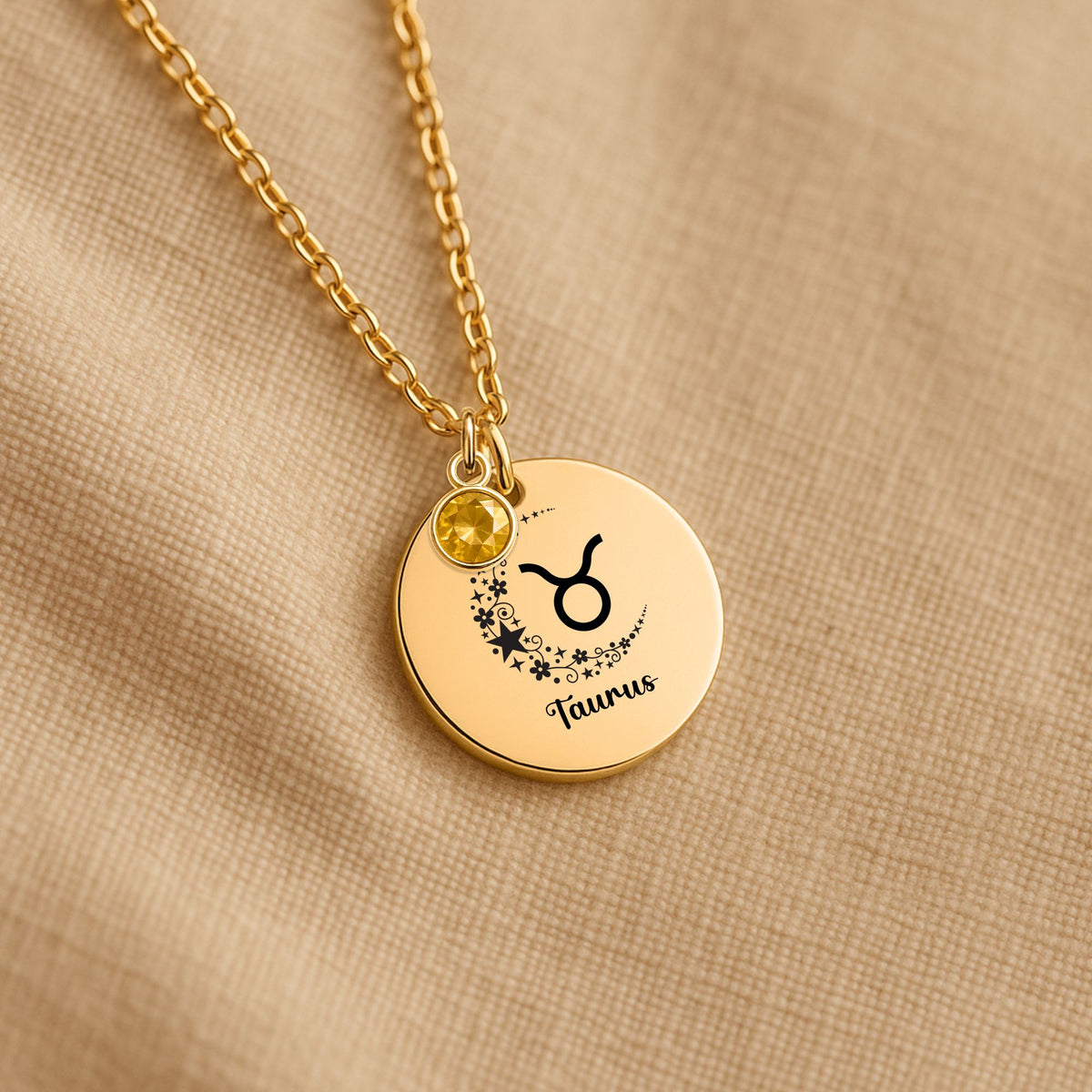 Engraved Taurus April Coin Necklace with Birthstone | Minimalist Zodiac Jewelry by OwnPrint