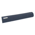 Roll of denim fabric with a visible brand label on a white background