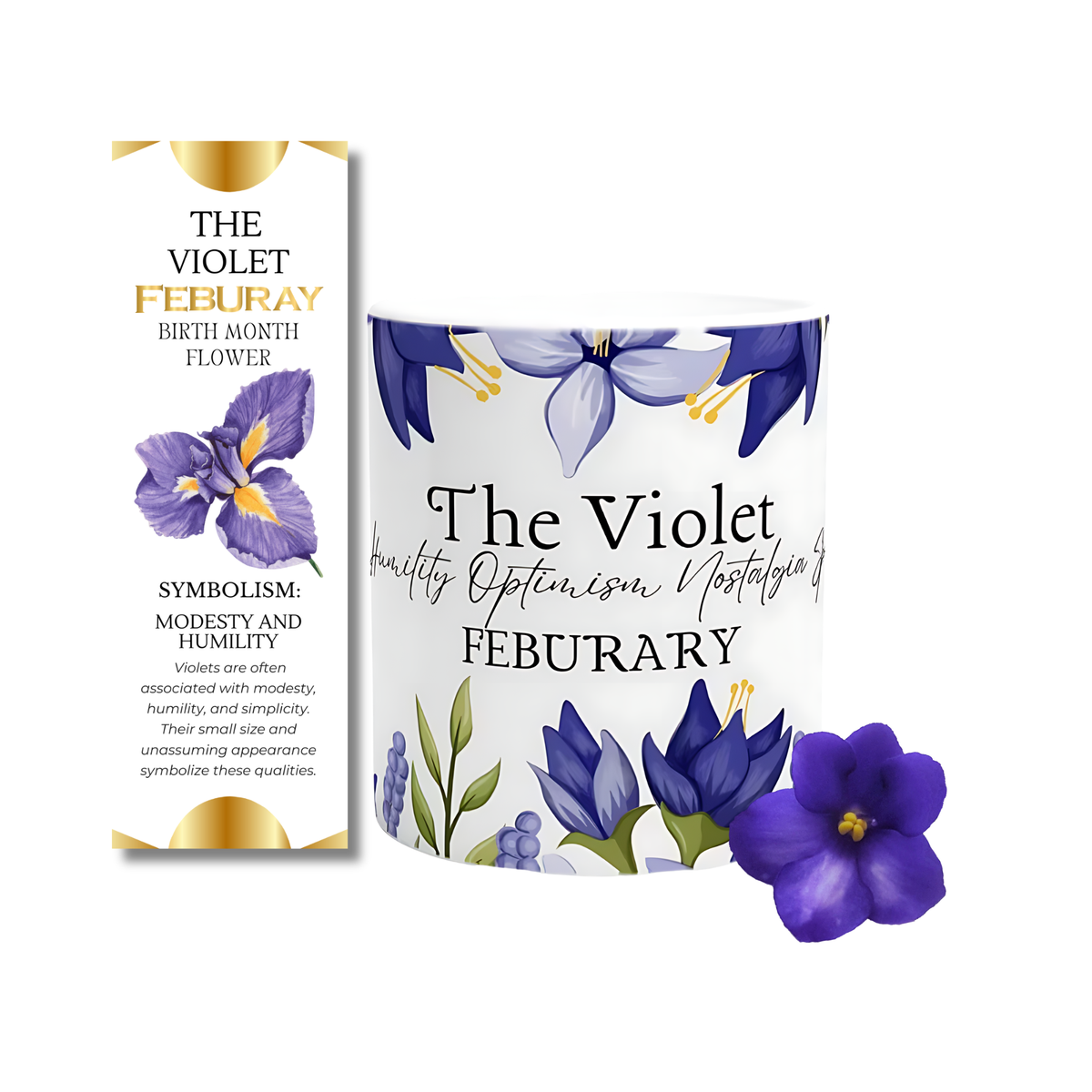 A white cylindrical candle jar labeled 'The Violet February' with purple and blue flowers printed on the label, shown next to a matching vertical card. A real purple flower rests in front on a clean white background.