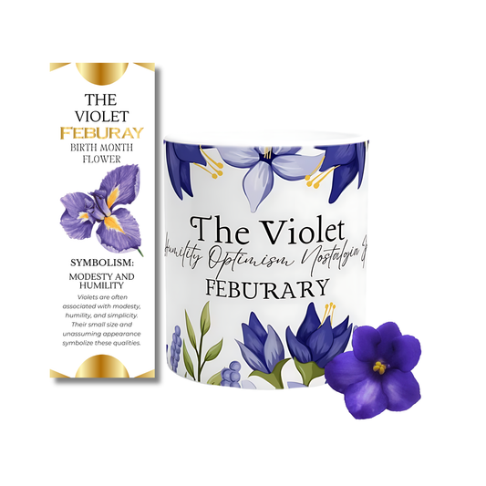A white cylindrical candle jar labeled 'The Violet February' with purple and blue flowers printed on the label, shown next to a matching vertical card. A real purple flower rests in front on a clean white background.