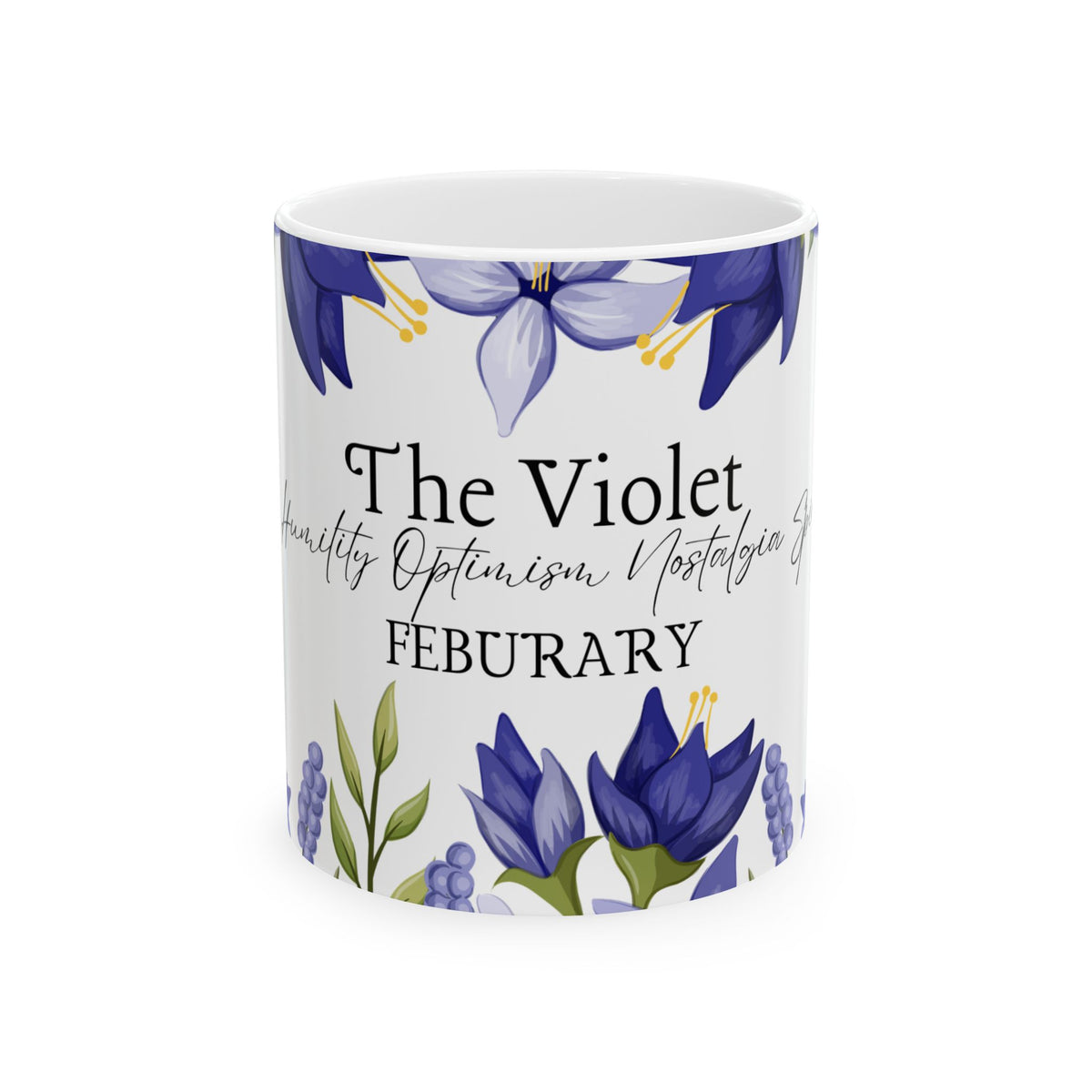February Violet Floral Mug — Birth Month Flower Coffee Cup by Printify
