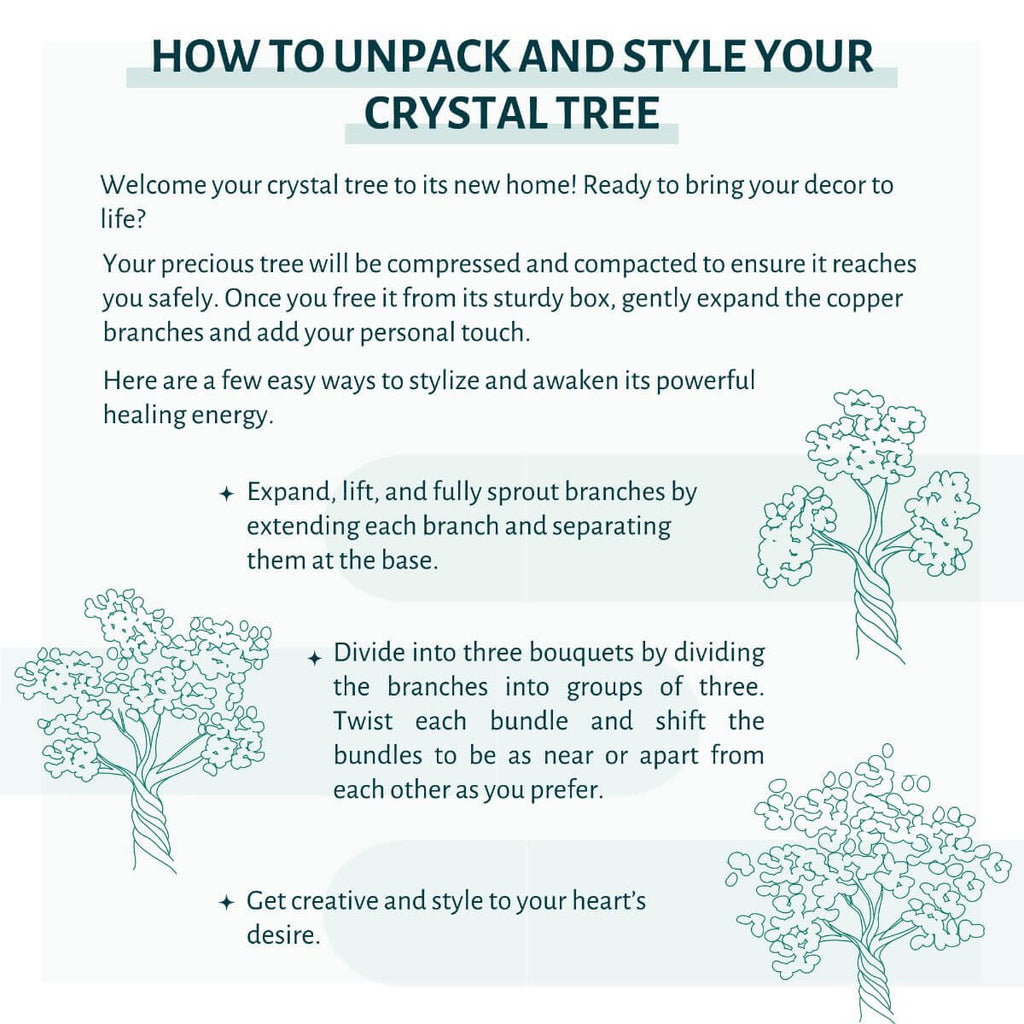 Instructions on how to unpack and style a crystal tree with text and illustrations.