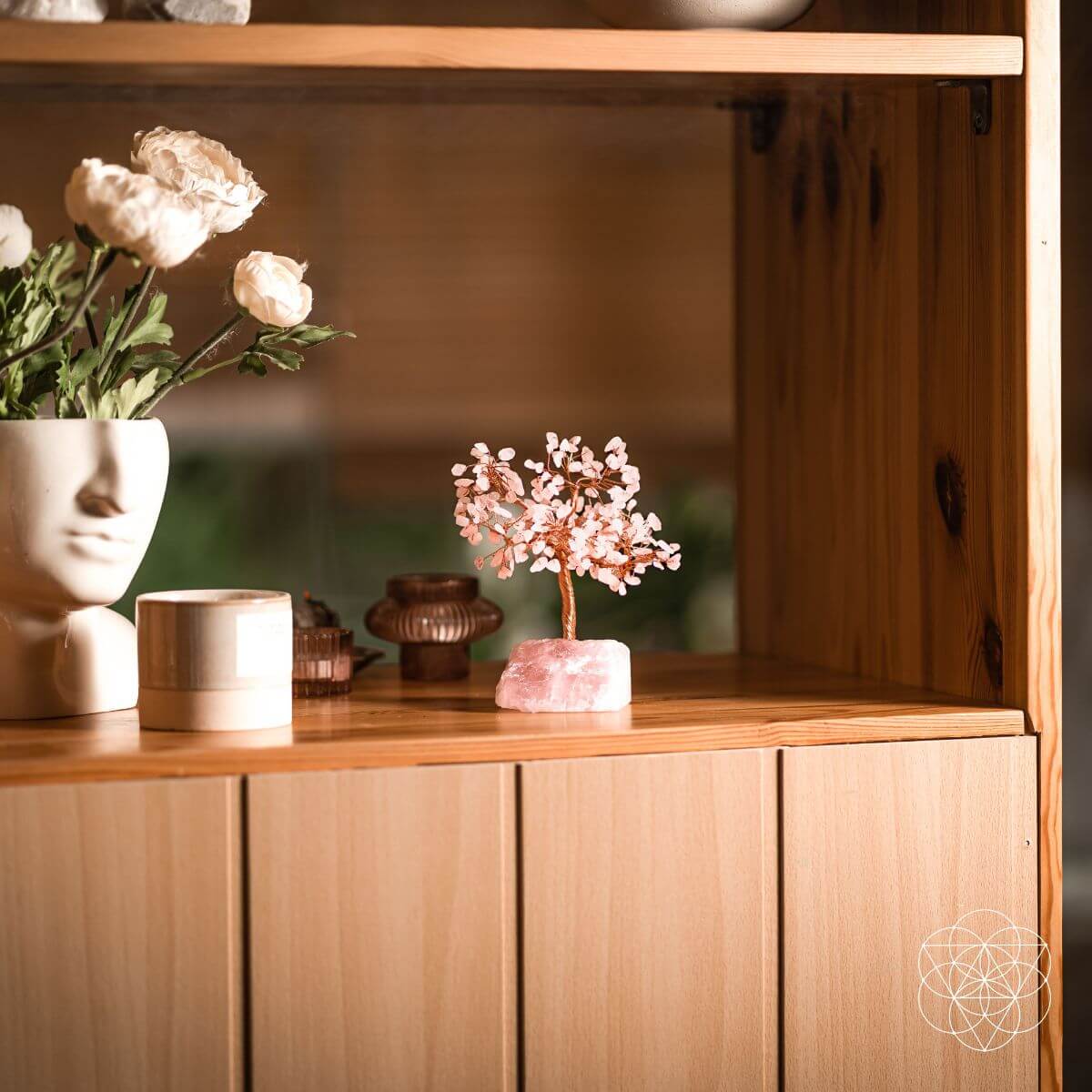 Decorative items on a wooden shelf with a blurred background