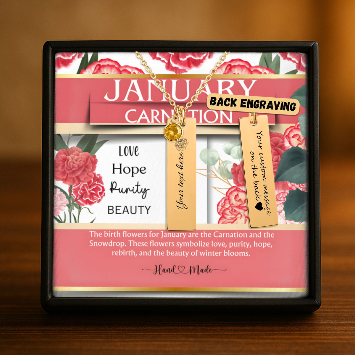 January Carnation Birth Flower Vertical Bar Necklace with Garnet Birthstone by OwnPrint