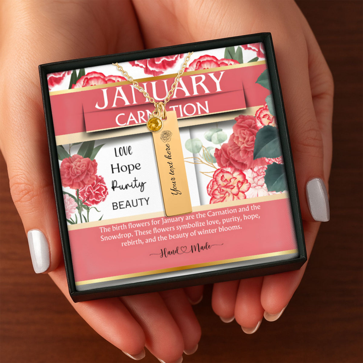 January Carnation Birth Flower Vertical Bar Necklace with Garnet Birthstone by OwnPrint