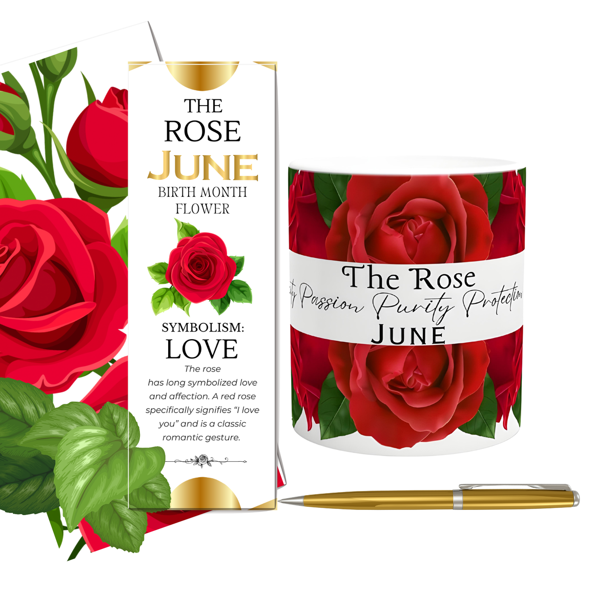 A personalized gift set featuring a white cylindrical mug with a red rose and 'The Rose of Passion Purity Protection June' wrap, a matching white gift box with red roses, and a gold pen, all set against a plain white background.