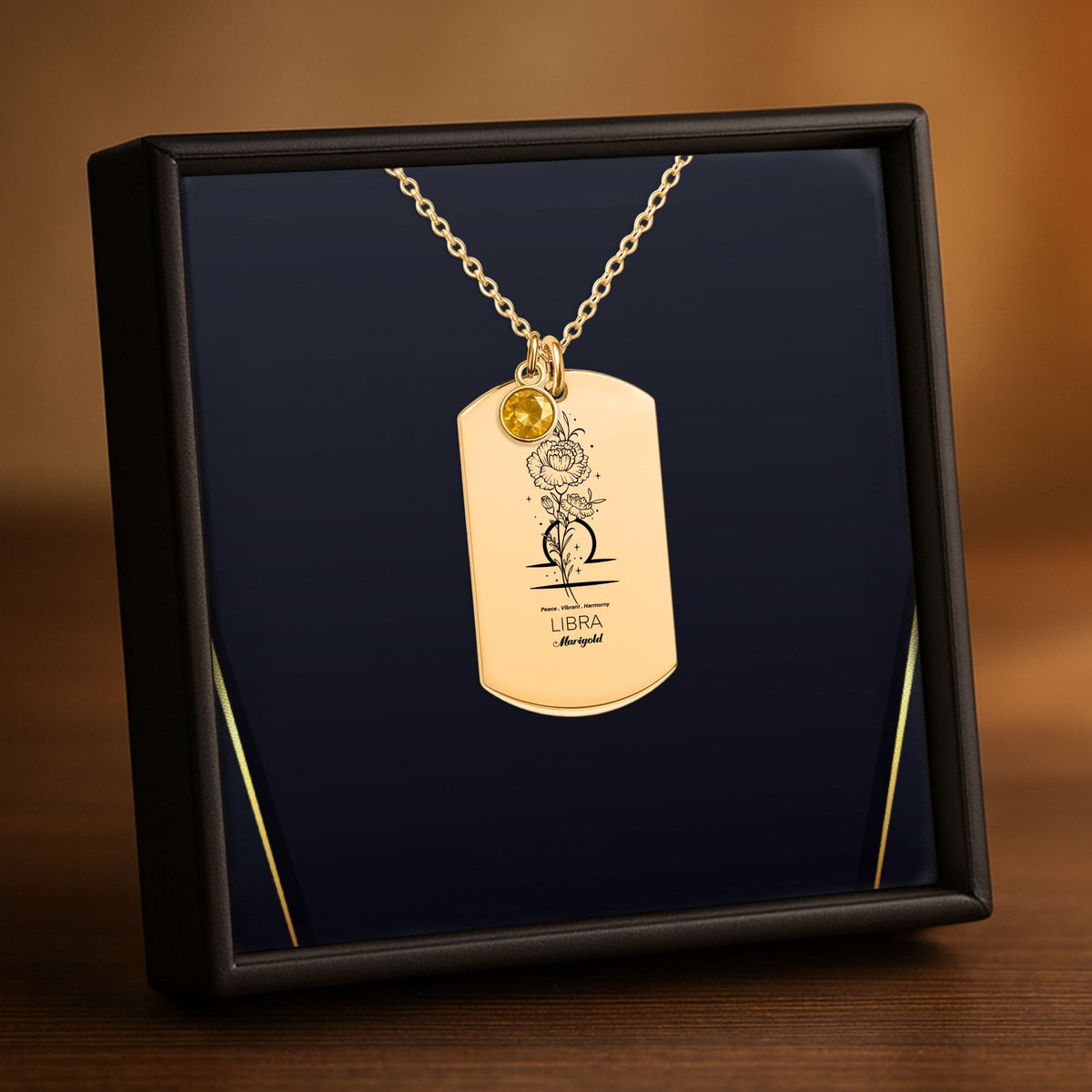 Libra Birth Flower Necklace Tag Necklace with Birthstone by OwnPrint