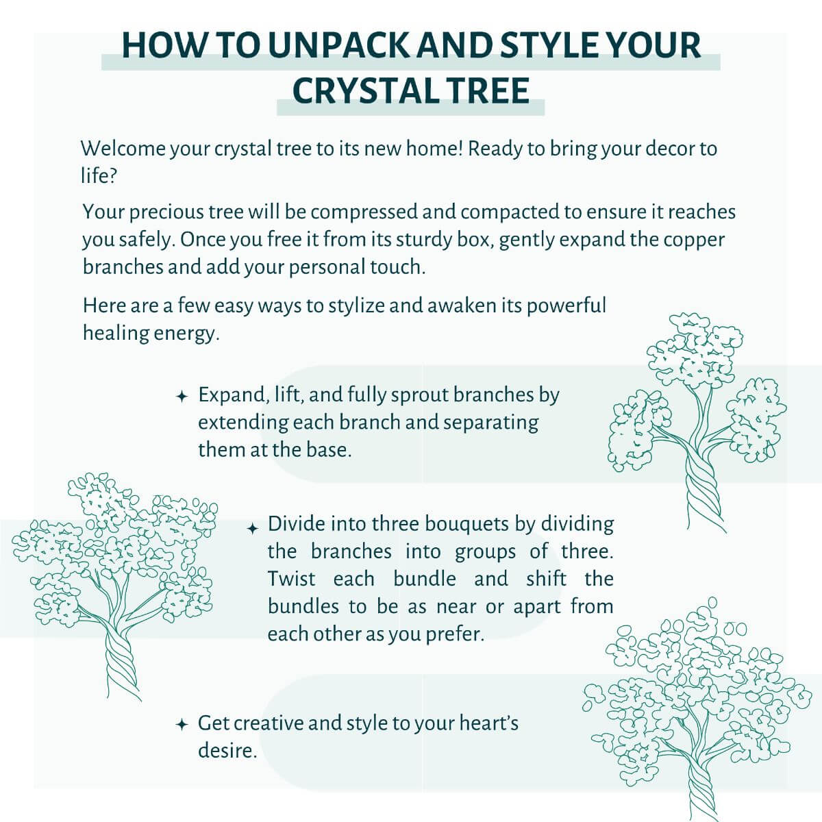 Instructions on how to unpack and style a crystal tree with text and illustrations.