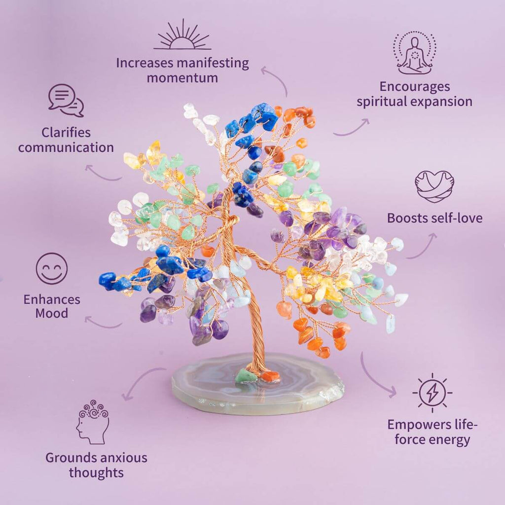 Colorful crystal tree with spiritual benefits on a purple background