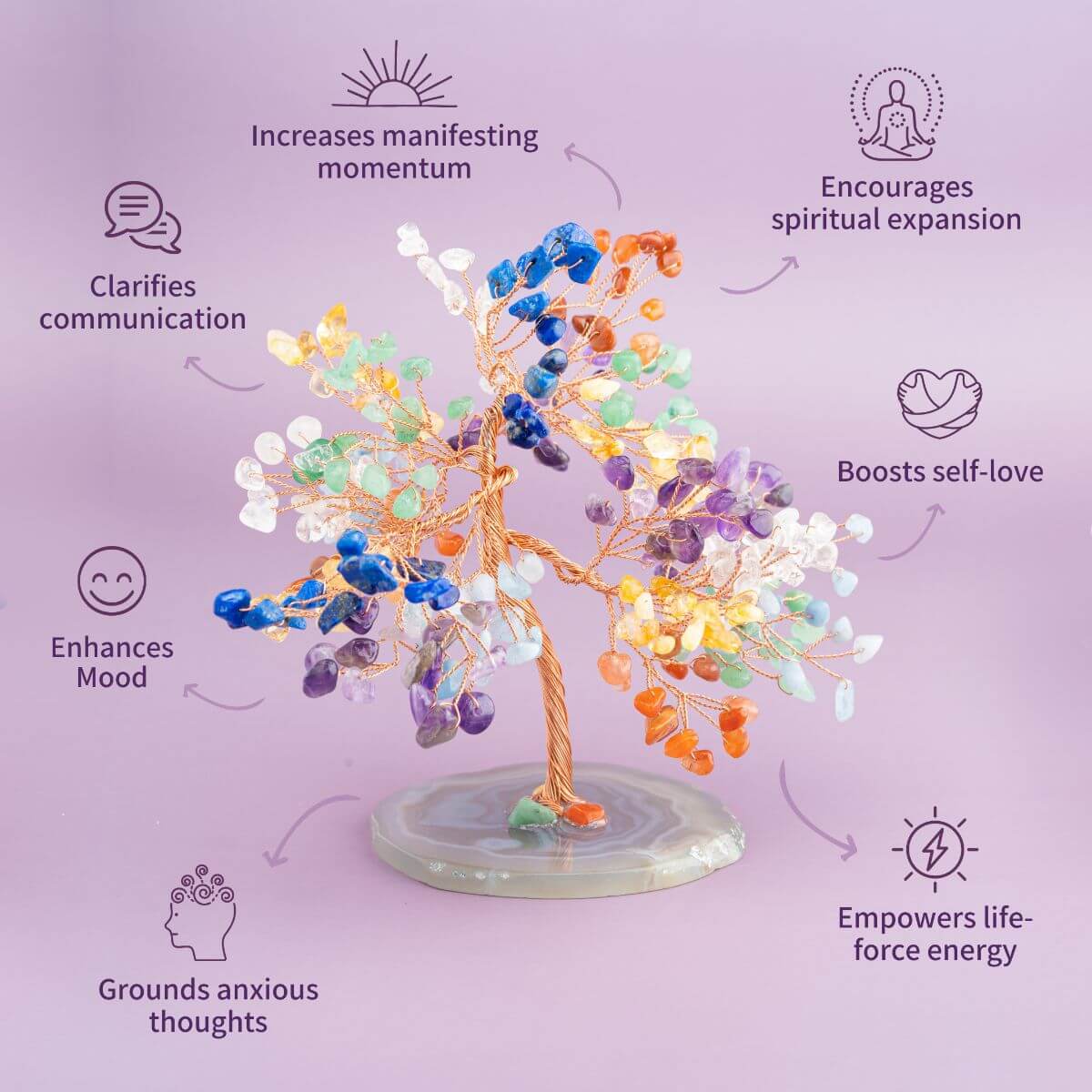 Colorful crystal tree with spiritual benefits on a purple background