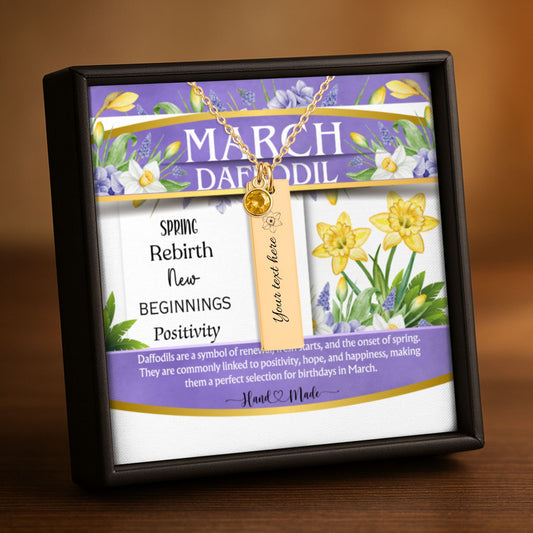 March Daffodil Birth Flower Vertical Bar Necklace with Aquamarine Birthstone by OwnPrint