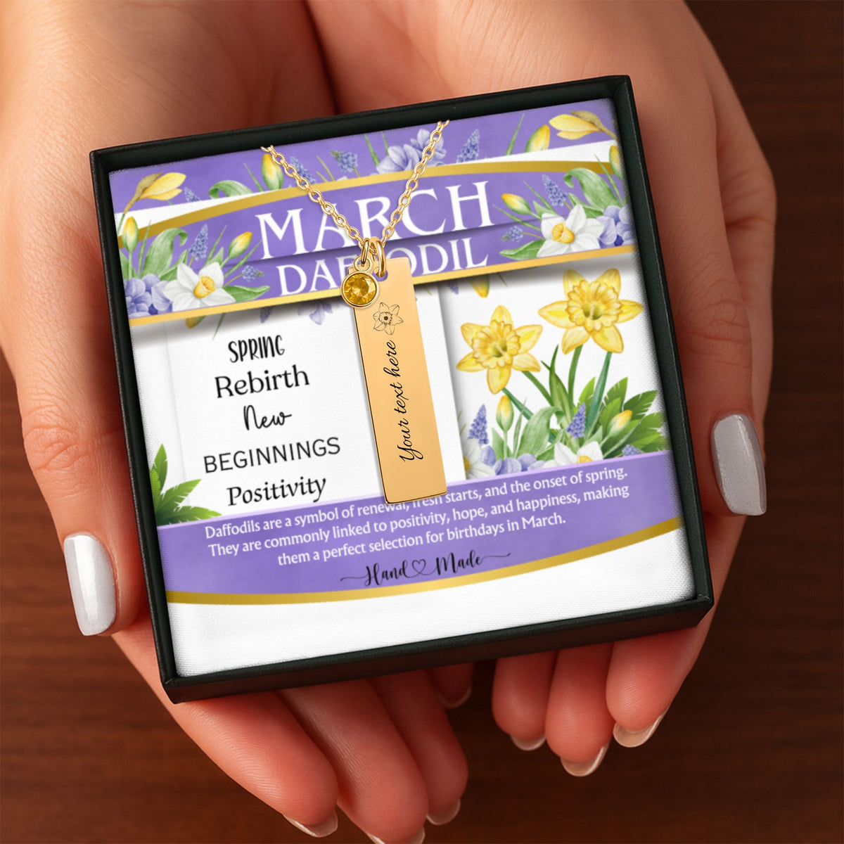 March Daffodil Birth Flower Vertical Bar Necklace with Aquamarine Birthstone by OwnPrint
