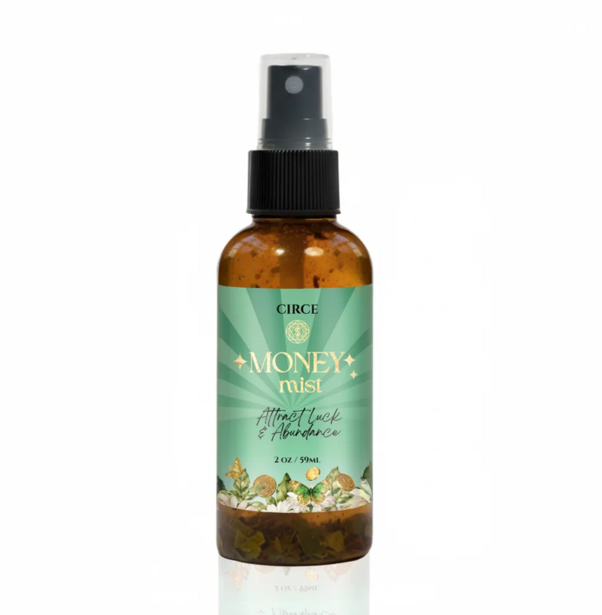 Bottle of 'Money Mist' spray with a green label on a white background