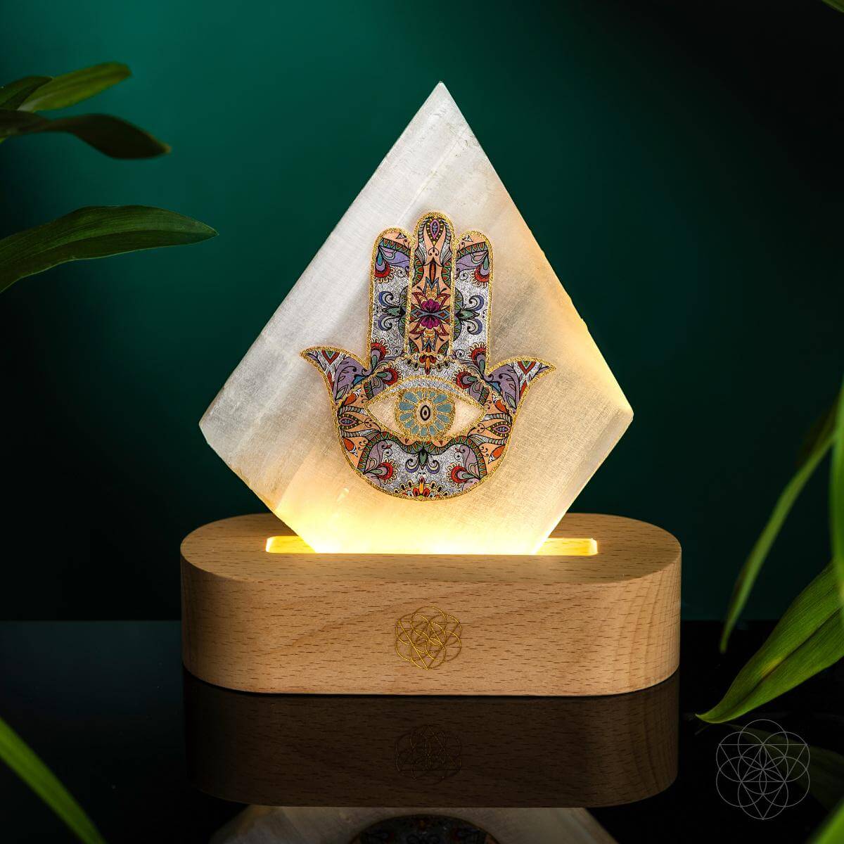Selenite Mood Lamp with Hamsa Hand – Healing Crystal Lamp for Energy Cleansing, Meditation & Sleep