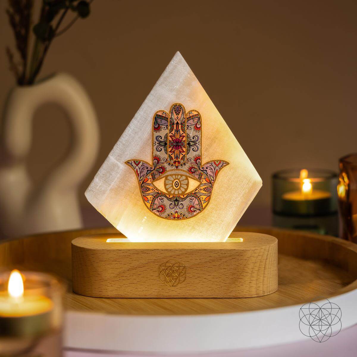 Selenite Mood Lamp with Hamsa Hand – Healing Crystal Lamp for Energy Cleansing, Meditation & Sleep