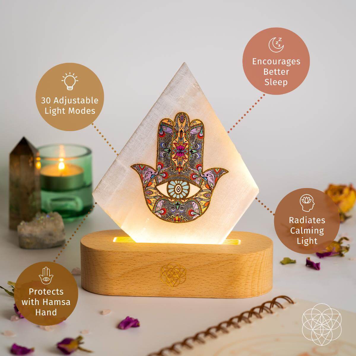 Selenite Mood Lamp with Hamsa Hand – Healing Crystal Lamp for Energy Cleansing, Meditation & Sleep
