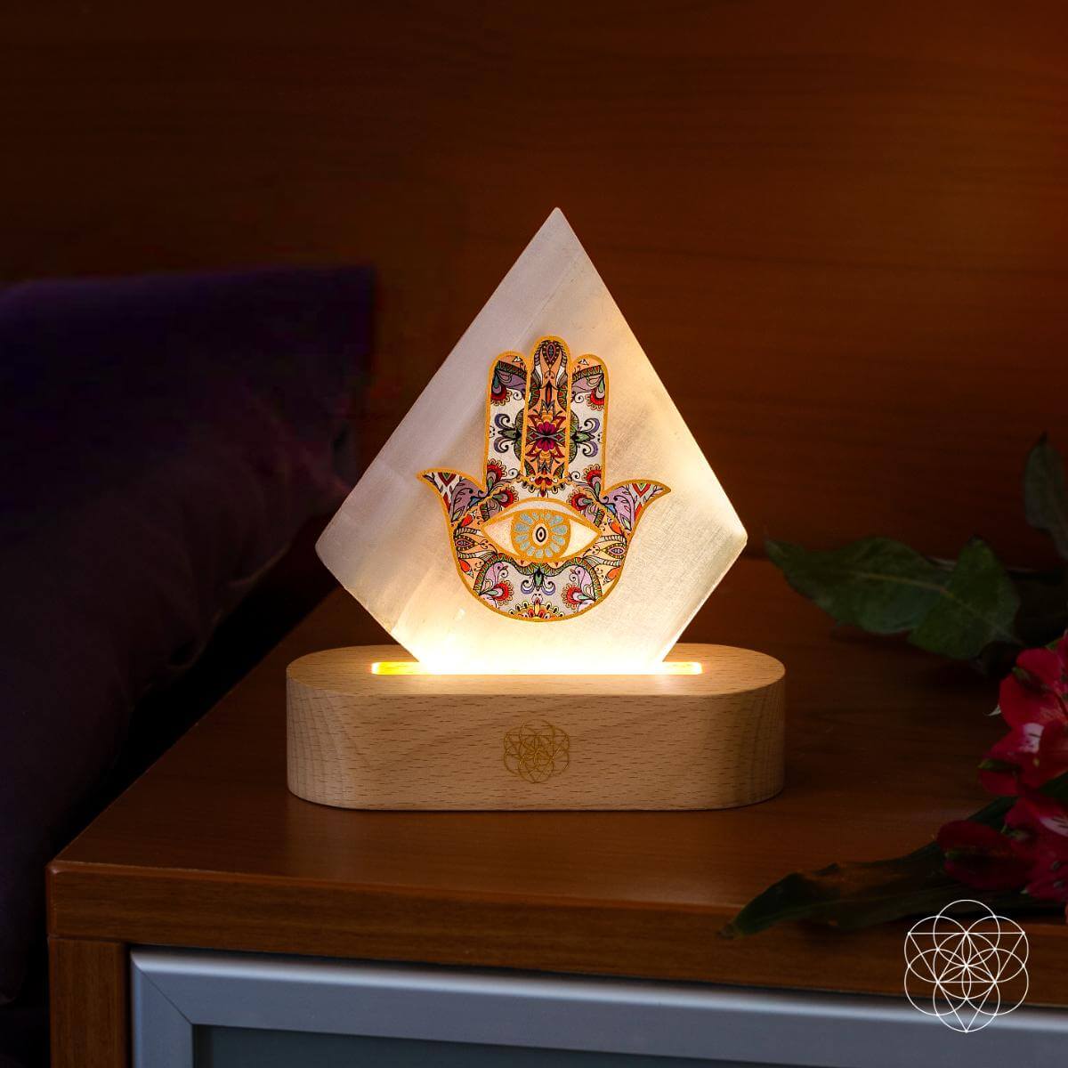 Selenite Mood Lamp with Hamsa Hand – Healing Crystal Lamp for Energy Cleansing, Meditation & Sleep