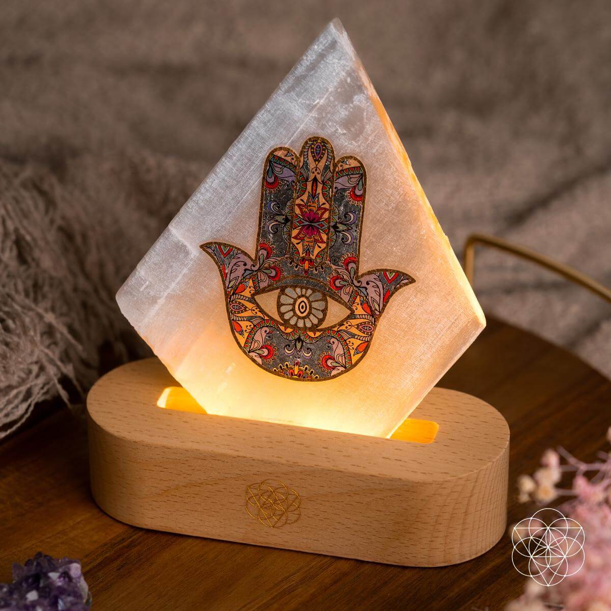Selenite Mood Lamp with Hamsa Hand – Healing Crystal Lamp for Energy Cleansing, Meditation & Sleep