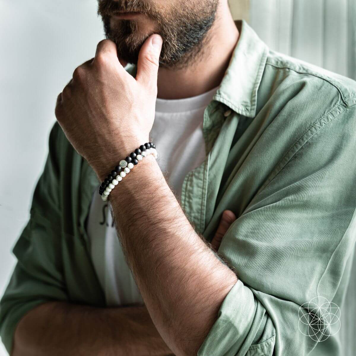 Man wearing a green shirt and white bracelet, looking thoughtful.