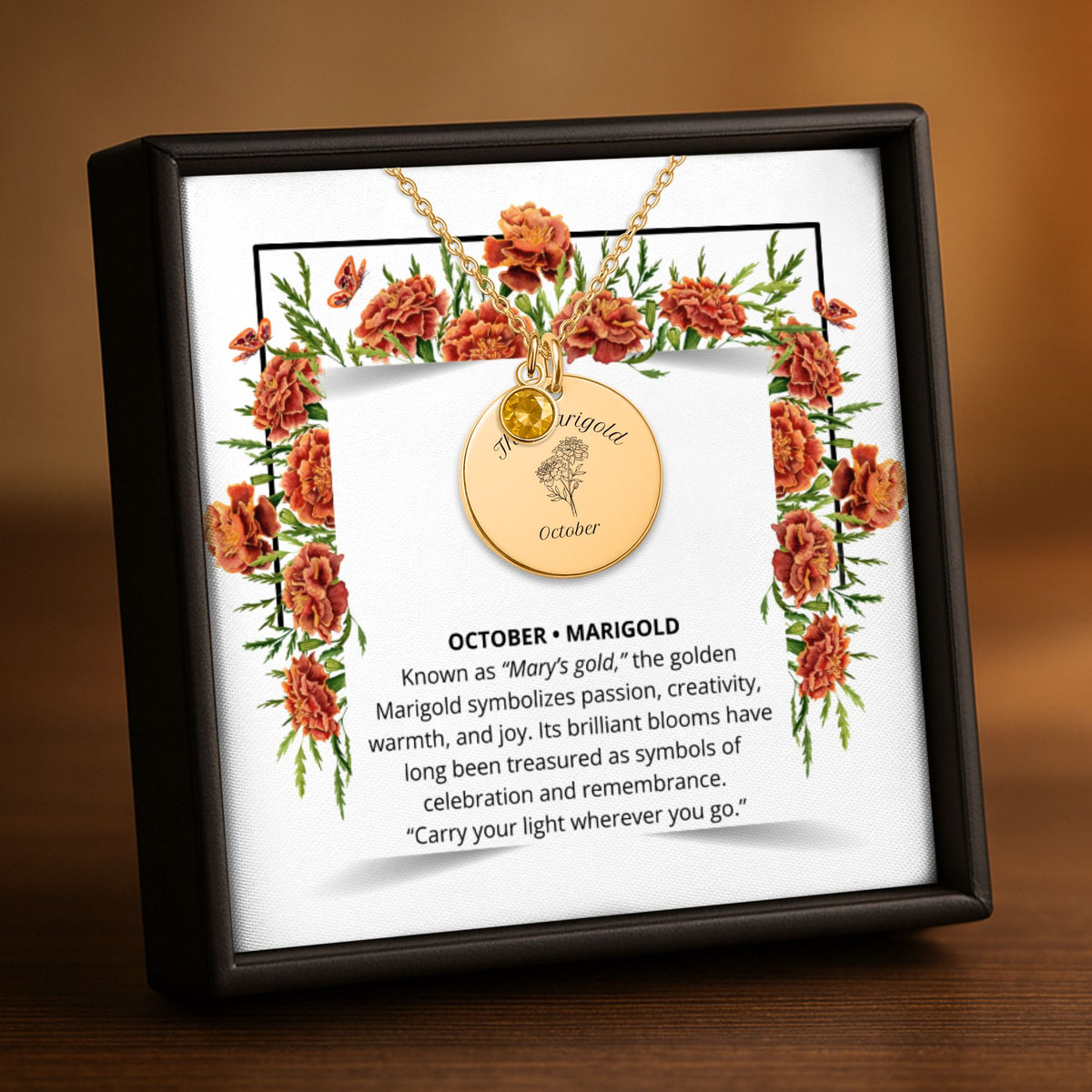 October Marigold Birth Flower Coin Necklace with Birthstone by OwnPrint