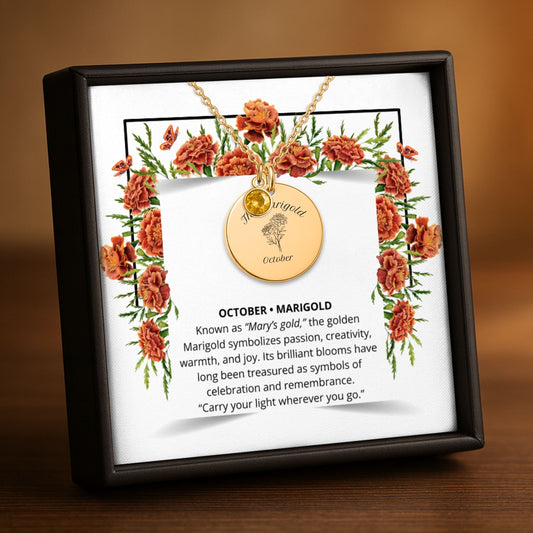 October Marigold Birth Flower Coin Necklace with Birthstone by OwnPrint