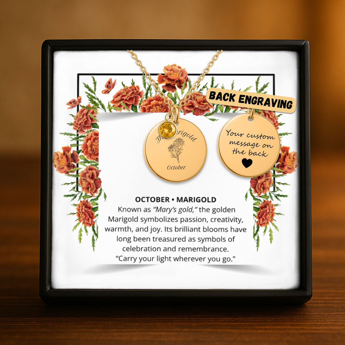 October Marigold Birth Flower Coin Necklace with Birthstone by OwnPrint