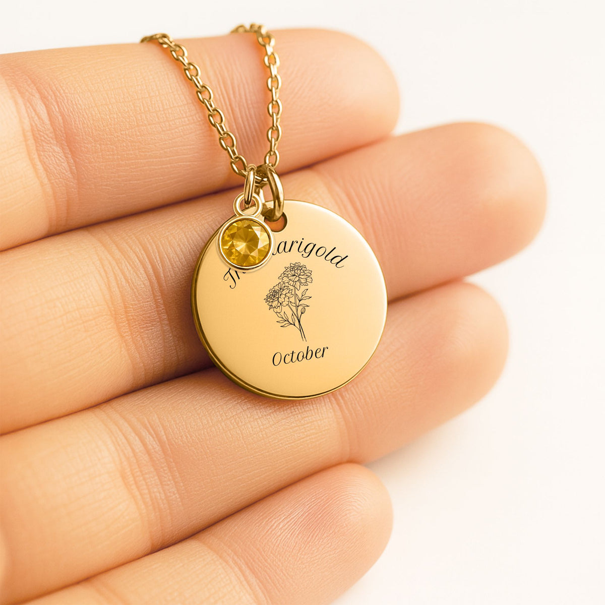 October Marigold Birth Flower Coin Necklace with Birthstone by OwnPrint