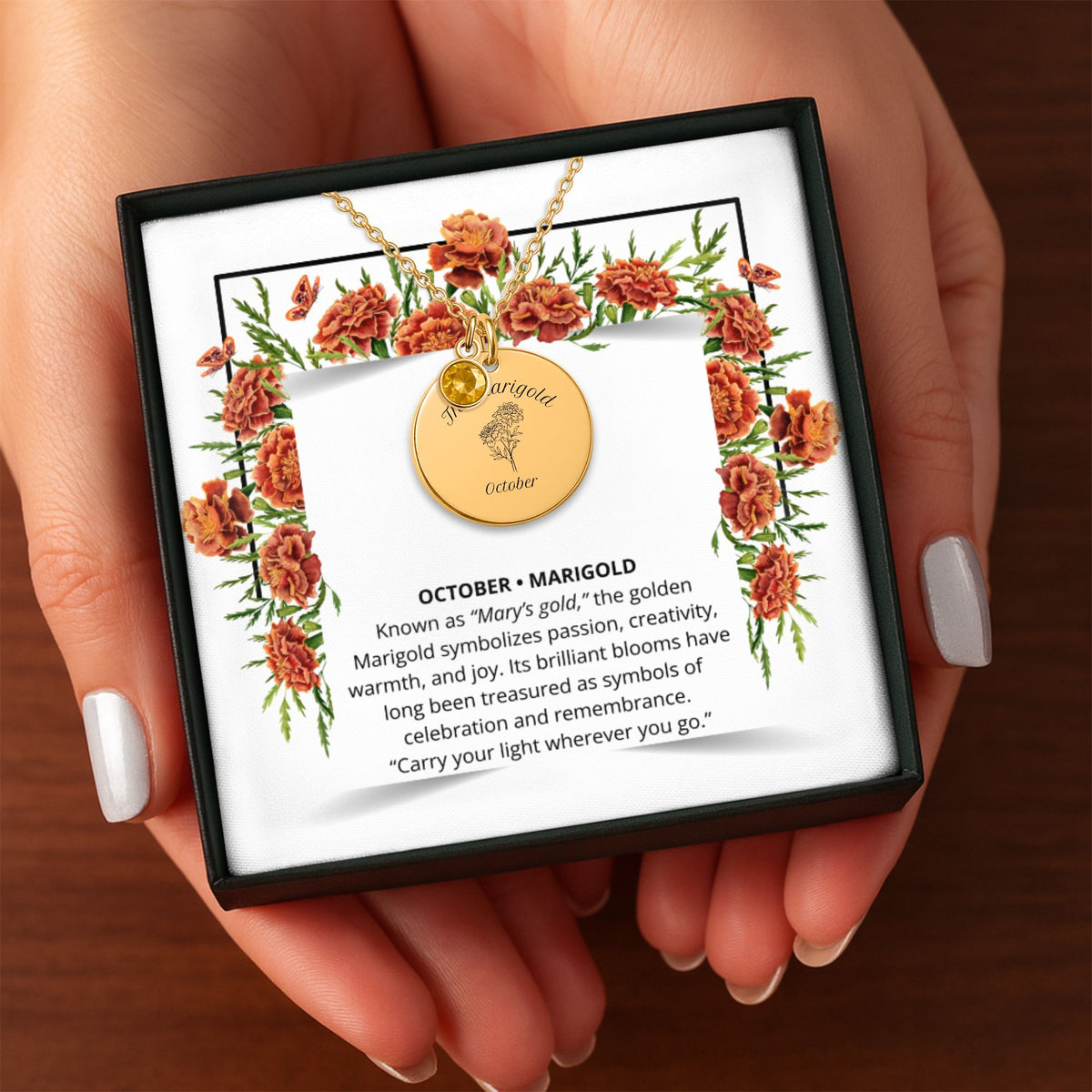 October Marigold Birth Flower Coin Necklace with Birthstone by OwnPrint