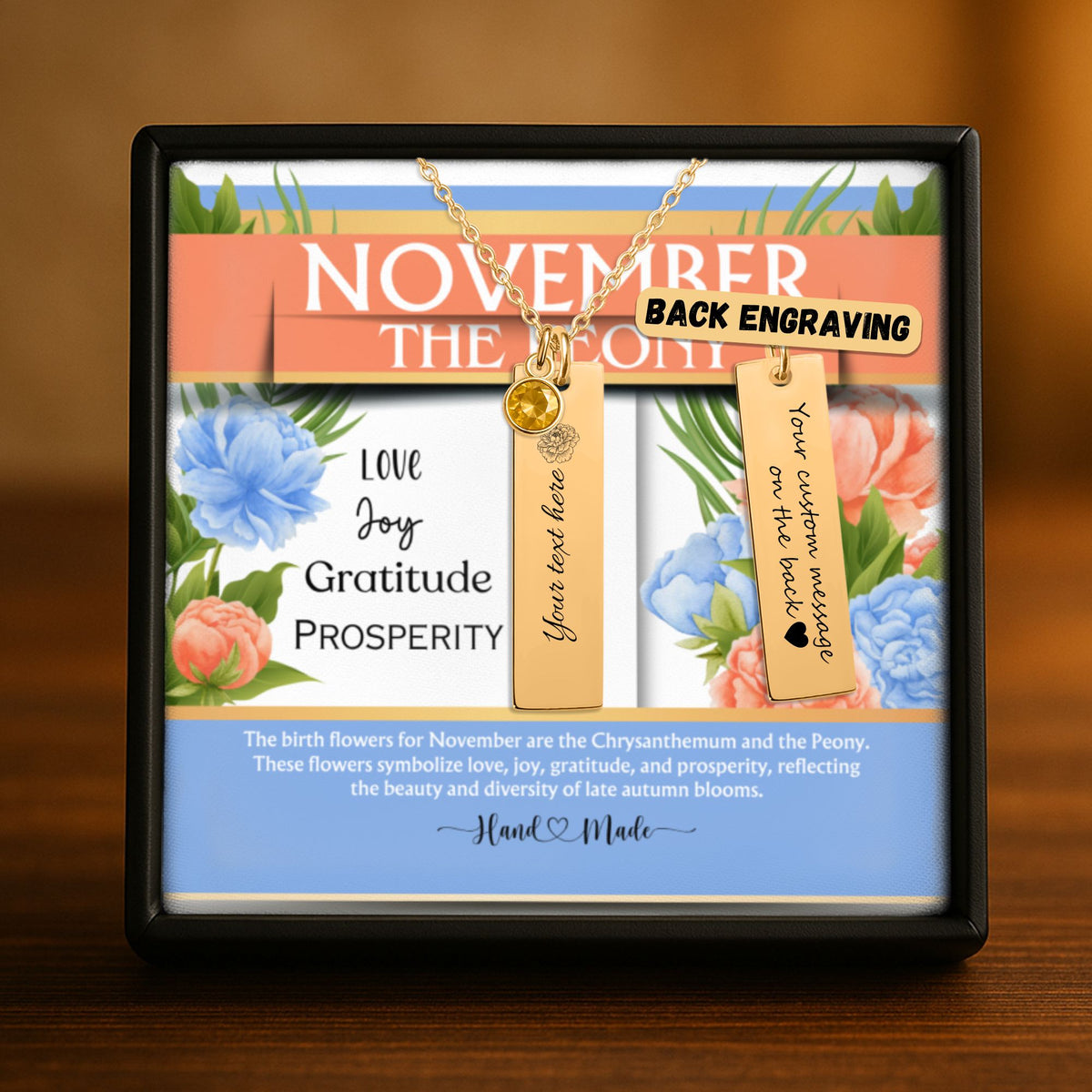 November Peony Birth Flower Vertical Bar Necklace with Citrine Birthstone by OwnPrint