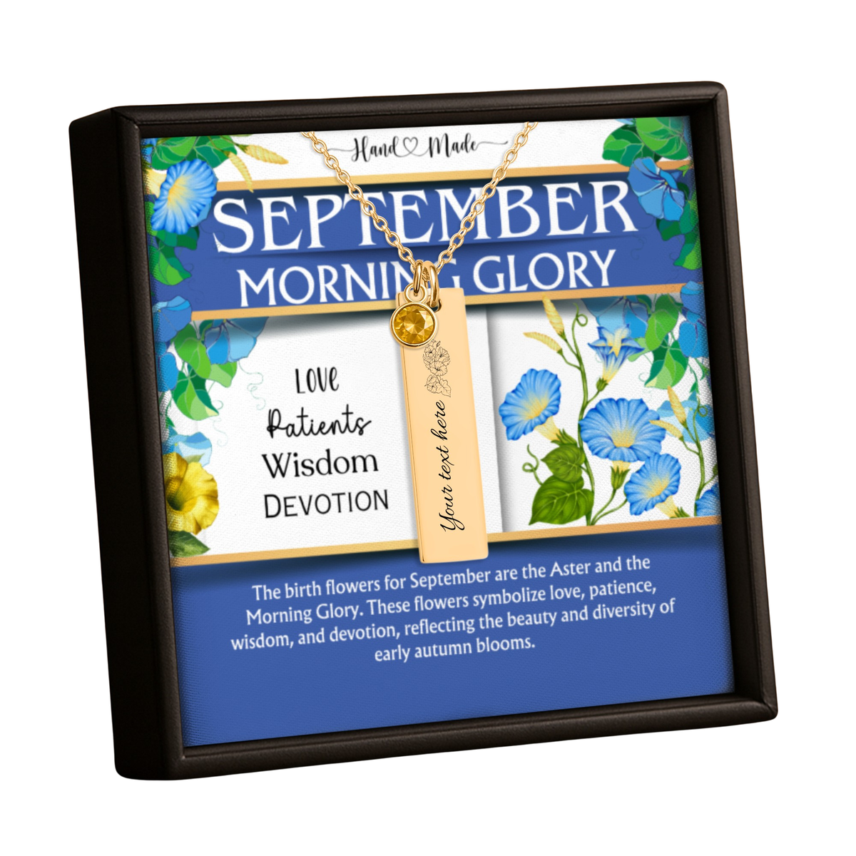 A September Morning Glory themed gift box containing a gold necklace with a personalized nameplate and a small round charm, displayed on a floral card with blue flowers and a message about birth flowers for September.