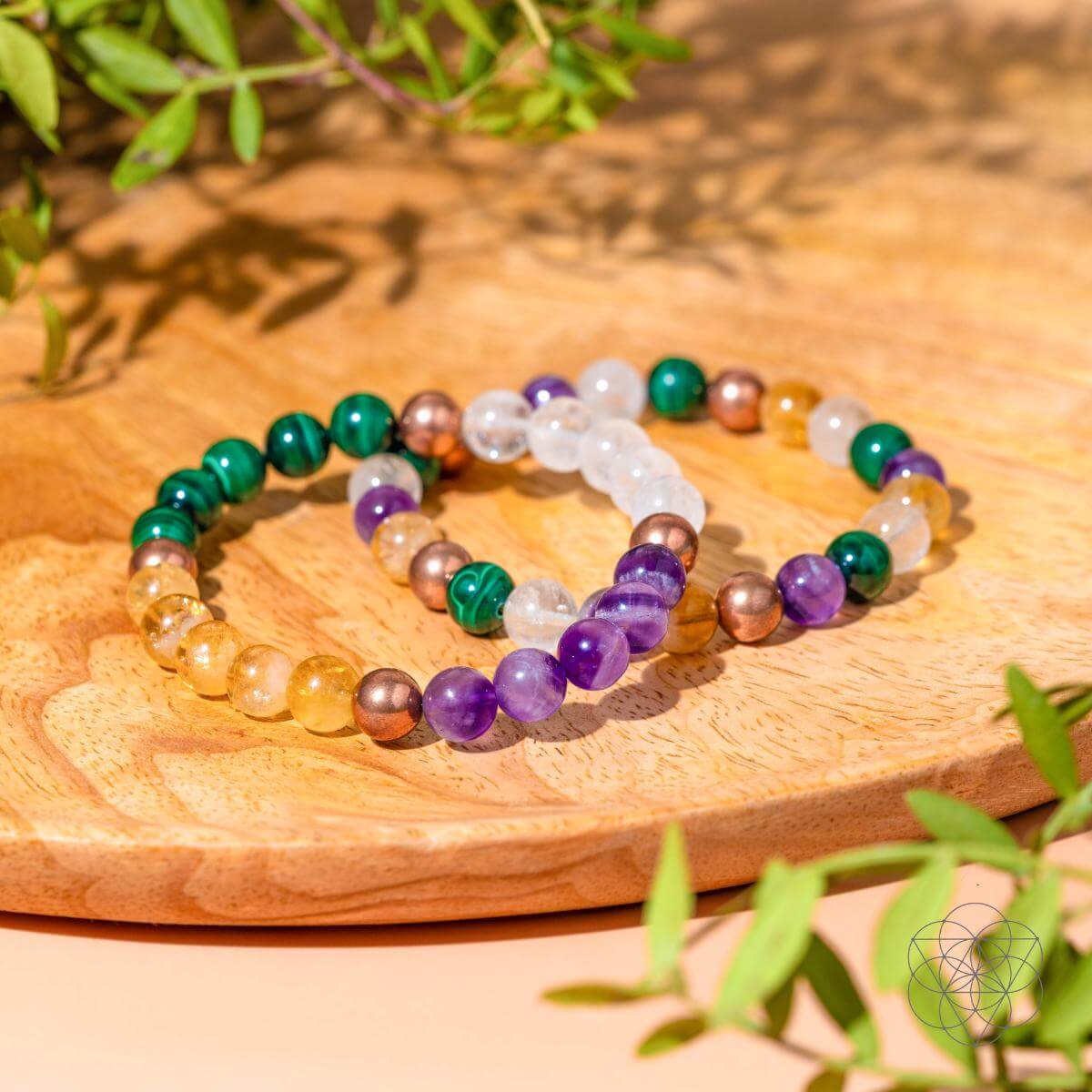 Multicolored beaded bracelet on a wooden surface with green leaves.