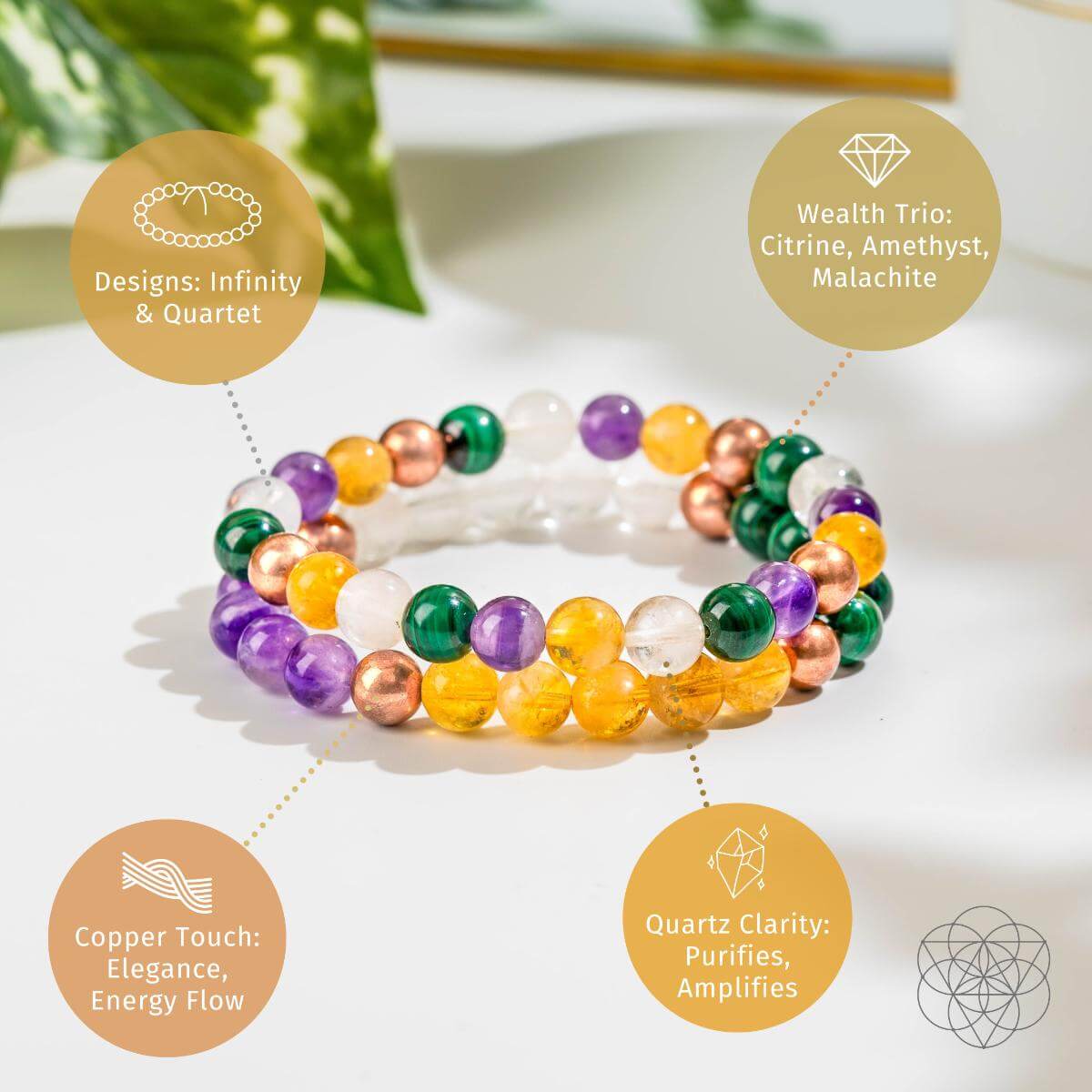 Colorful beaded bracelets on a white surface with descriptive text about their properties.